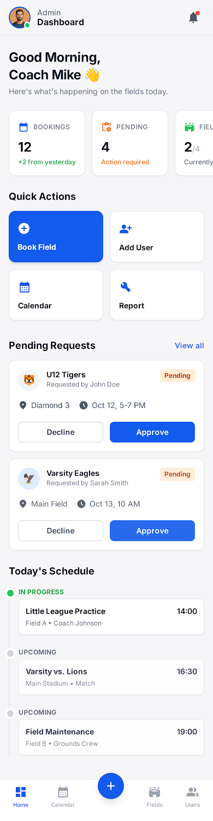 OpsNine admin dashboard showing bookings, pending requests, quick actions, and today's schedule