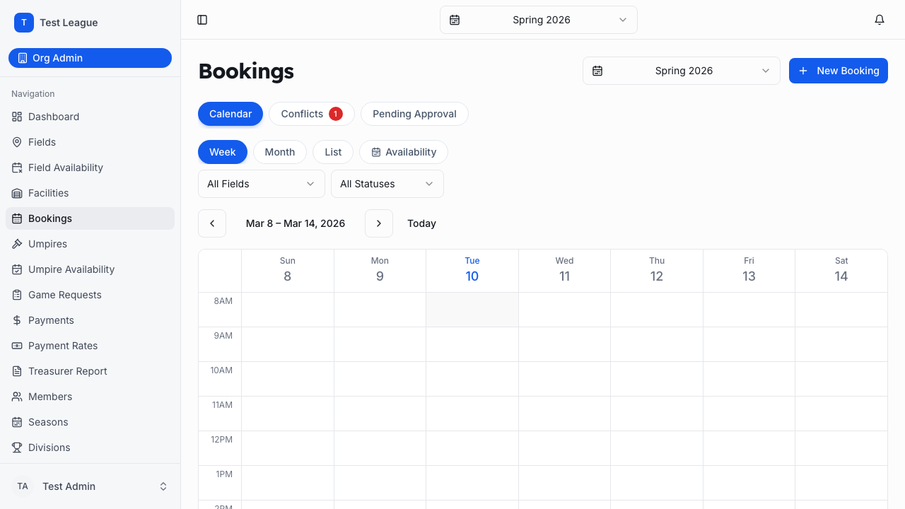 Bookings calendar with week, month, and list views, field and status filters, and new booking button