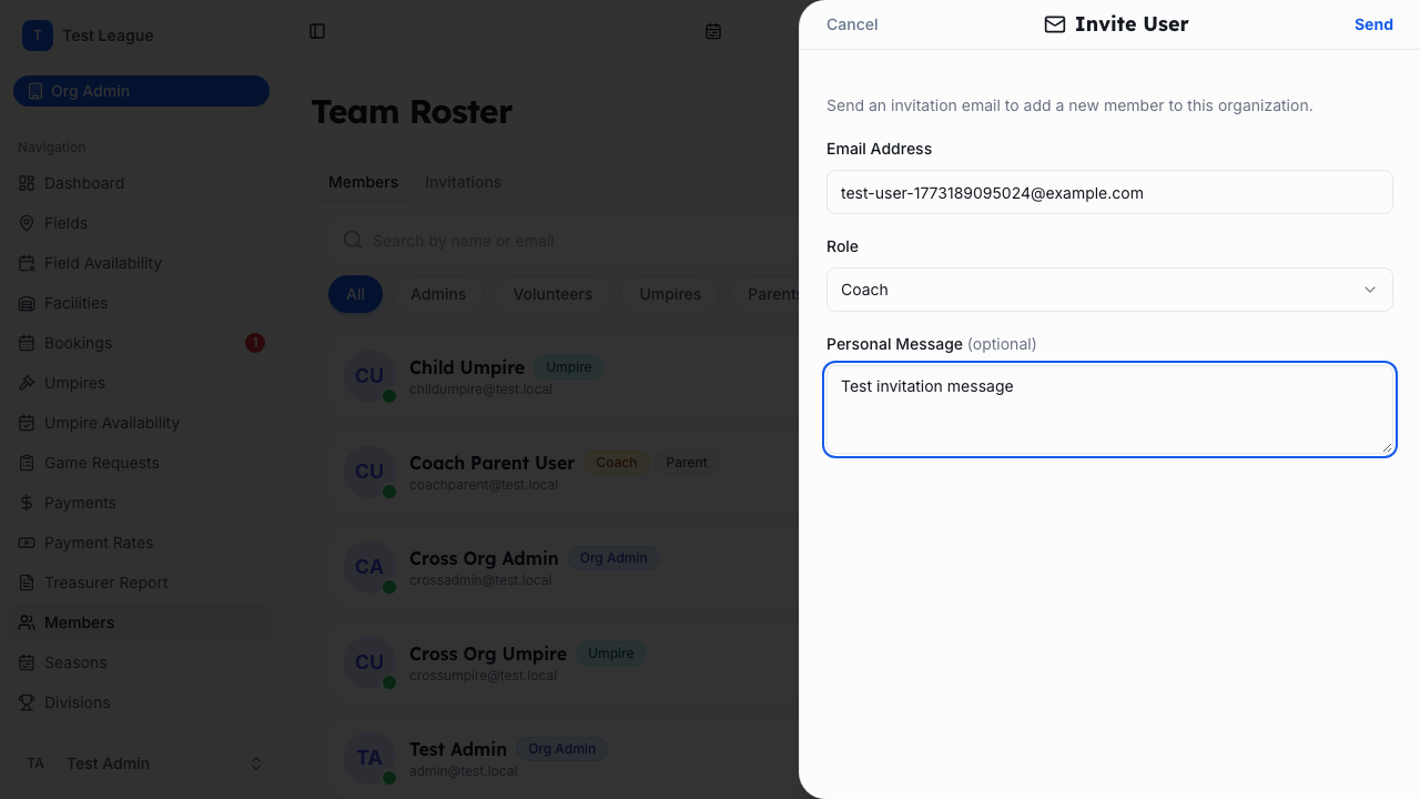 Team roster showing member list with role badges and invite user dialog